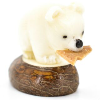 Hand Carved Tagua Nut Carving Polar Bear With Fish Figurine Made In Ecuador