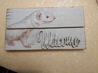 Artist Painted Albino Dew Ferret Welcome Wall Plaque Distressed White Wood