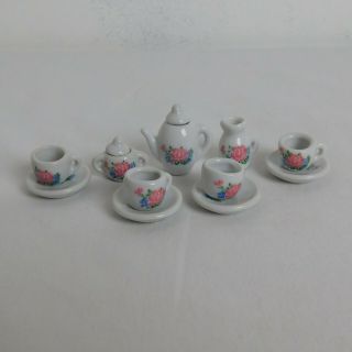 Porcelain 13 Piece Mini Miniature Floral Pink Tea Set Teapot Dolls Child Roses