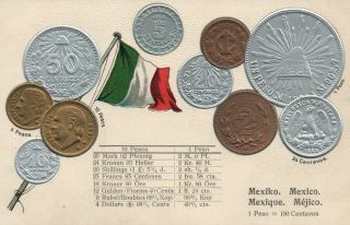Vintage Mexico Flag & Embossed Copper Silver & Gold Coins Postcard -