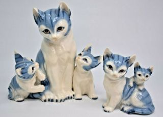 Set Of 2 Vintage Royal Orleans Cat Figurines Blue White Set Porcelain Kitties