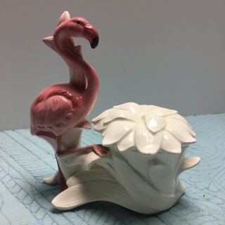 Vintage Takahashi Japan Ceramic Pink Flamingo Flowers Bird Dish Vase Figurine