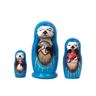 Sea Otter Family Russian Wooden Nesting Doll Set 3 Pc Hand Painted Decoupage