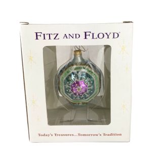 Fitz And Floyd Glass Christmas Ornament - Crystal Winter Octagon Blue Glitter