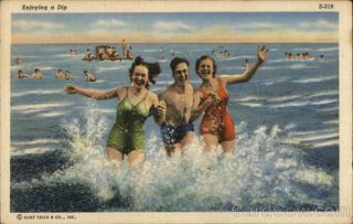 Swimsuit/pinup 1948 Enjoying A Dip Interborough News Co.  Linen Postcard 1c Stamp