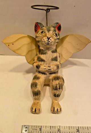 Vintage Cat Angel Wings Wood Hand Carved Painted Shelf Sitter