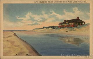Ludington,  Mi Bath House And Beach Teich Mason County Michigan Linen Postcard