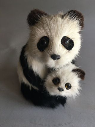 Vtg Rabbit Fur/hair Panda Bear Mom & Cub/baby Figurine Fresh &