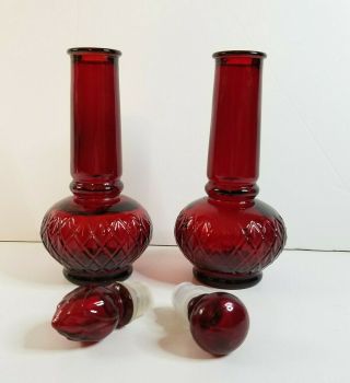 2 Vintage Avon Ruby Red Glass Perfume Bottles Cruet Bud Vase 3oz Empty 1 Stopper