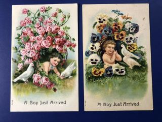 2 Boy Birth Announcements Antique Postcards.  1900s.  For Collectors.  W Value