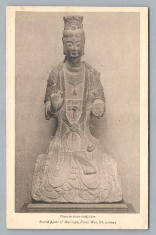 Maitreya Chinese Stone Sculpture Antique Boston Museum Of Fine Arts Postcard 20s