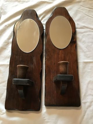 2 Vintage Wall Sconces Dark Wood 18” With Mirror Wooden Candle Holders