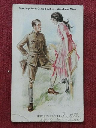 1918 Wwi " Soldier & Girl " 139th Artillery Camp Shelby Hattiesburg Ms Postcard