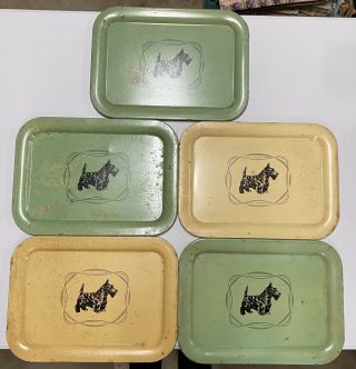 5 Vintage Scotty Dogs Metal Trays Yellow,  Green & Black Scottish Terriers