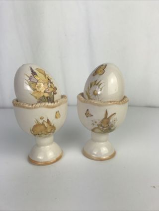 Vintage Easter Salt & Pepper Shakers - Bunny Rabbit Eggs In Egg Cups Basket