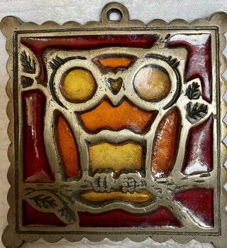 Vintage Owl Trivet Colored Stained Glass Retro