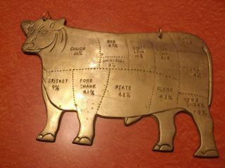 Vintage Butchers Shop Brass Steer Beef Cuts Plaque Sign 12 1/2 " By 8 1/2 "