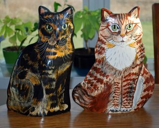 Two Cats By Nina Lyman,  Ceramic Cat Vases 11 " Calico And A Tabby,  Green Eyed