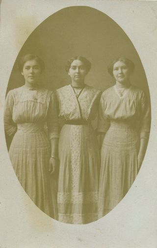 C1910 Rppc Three Sisters In Fancy Lace Dresses Sepia Postcard