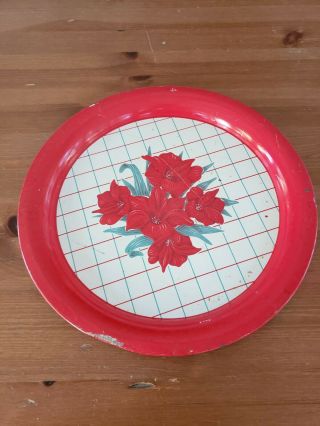 Vintage Red Floral Round Metal Tray Serving Red Green