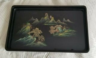 Vintage Japanese Rectangular Black Lacquer Tray Mountain Landscape Gold Accent