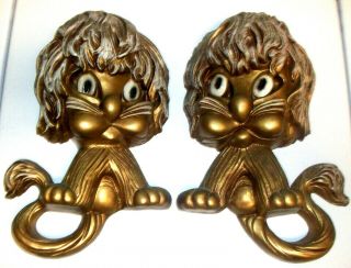 Pair Home Interiors Homco Big Eye Lion Plaques Gold /white Large 13 " X 8 1/2 "