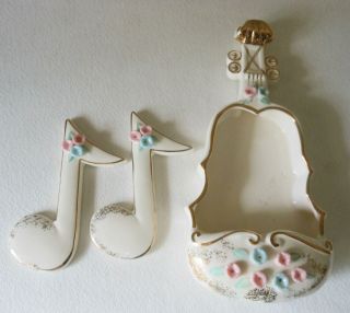 Vintage Porcelain Artmark Violin Wall Pocket & 2 Music Notes Wall Art Made Japan