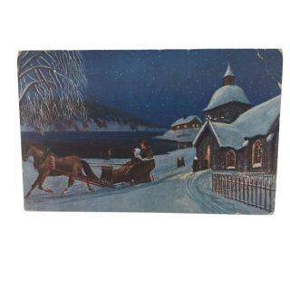 Vintage Postcard Christmas 1918 Sleigh Ride Winter Scene
