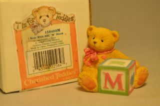 Cherished Teddies - Bear With Abc " M " Block - 158488m - T Is For Teddies