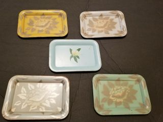 Set Of 4,  1 Vintage Social Supper Trays Mini 6 " Metal Floral Snack Trays 1950s