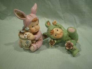 Vintage Baby Boy And Girl In Bunny Suits Salt And Pepper Shakers