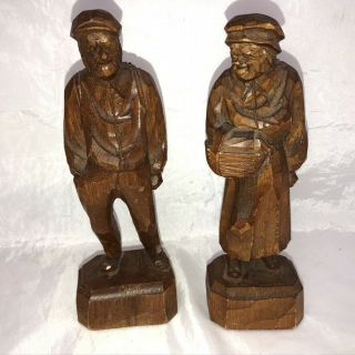 2 Vintage Paul E.  Caron Quebec Man Women Villagers Carved Wood Statues 47.  8.  1