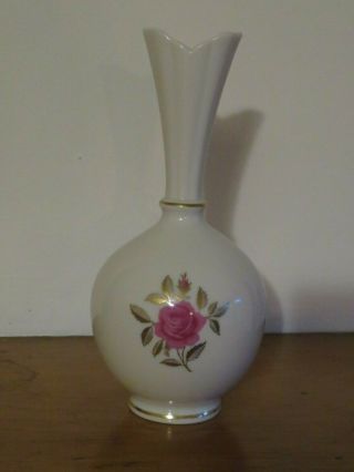 Vintage Lenox " Rhodora " Bud Vase - Ivory W/ Pink Gold Roses - 24k Gold Trim - 8 "