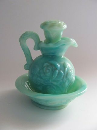 Vintage Avon Green Milk Glass Victorian Style Pitcher & Bowl
