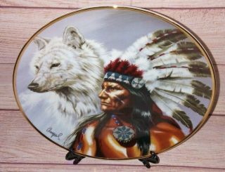 Native American Indian Decor Collectible Plate " Spirt Of The Whte Wolf " W/gold
