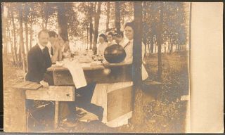 Real Photo Postcard Rppc People Sitting At Picnic Table With Large Watermelon