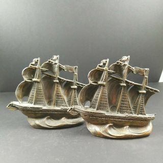 Vtg Cast Iron Bookends Old Ironsides Nautical Ship Ussconstitution Copper Finish