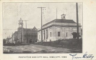 Antique 1907 Postcard Post Office/city Hall Iowa City 1 Cent Ben Franklin Stamp