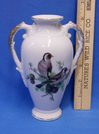 Vintage Small Decorative Bud Vase Urn Double 2 Handles Birds Pine Tree Bows Cone