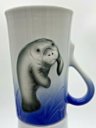 Susan Crane Manatee 5” Tea Cup/latte Mug,  3d Design White Cobalt Blue
