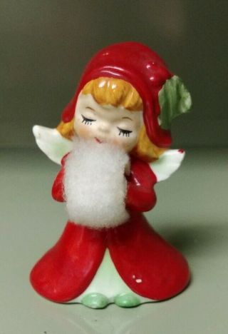 Vtg Lefton Christmas Angel Girl Figurine With Fur Muff,  Red Coat,  3 " Red Hair