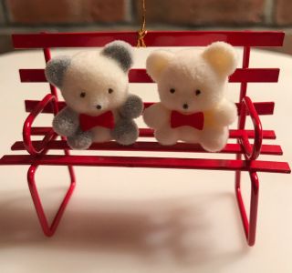 Vintage Avon Teddy Bears On Red Metal Bench Ornament 2 " H Holiday Christmas