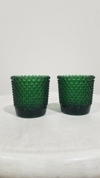 Vintage Green Glass Hobnail Tea Light Votive Cup Candle Holder,  Pair,  2.  5 " Tall