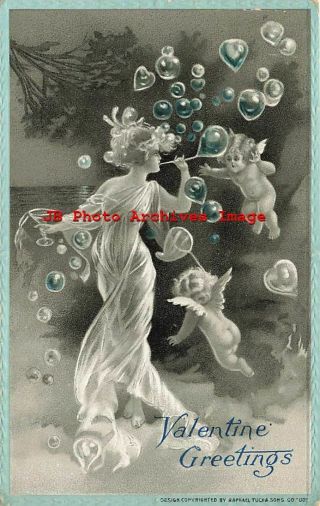 Valentine Day,  Tuck No 108,  Nymph Blowing Bubbles,  Cherubs,  Art Nouveau