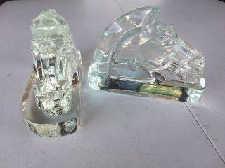 Vintage Heavy 1940’s 1950’s Solid Glass Horse Head 5 1/2 " Tall Bookends