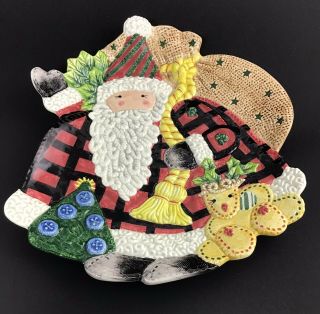 Fitz And Floyd Essentials Hand Crafted Plaid Santa Christmas Plate Wall Art