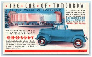 Postcard The Car Of Tomorrow Crosley Worlds Fair Freezorcold Magnetune Radio Ny
