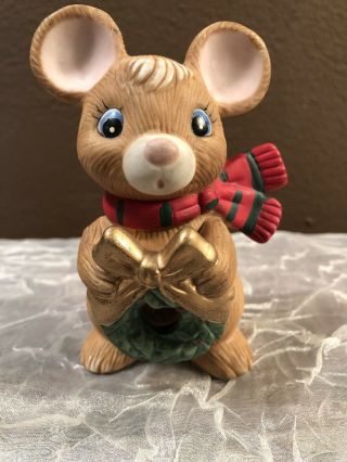 Porcelain Christmas Cute Mouse Homco Figurine 5210 Holding Wreath Holiday Deco