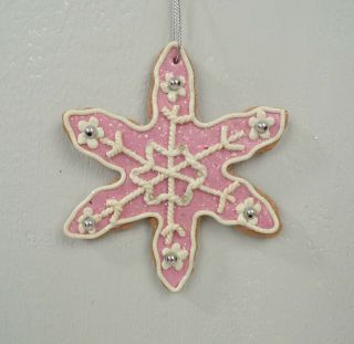 Christmas Ornament Pink White Snowflake Cookie W/ Icing Glitter Tree Decoration