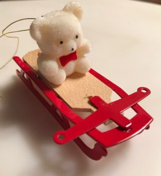 Vintage Avon Teddy Bear On Red Metal Sled Ornament 3 " L Holiday Christmas